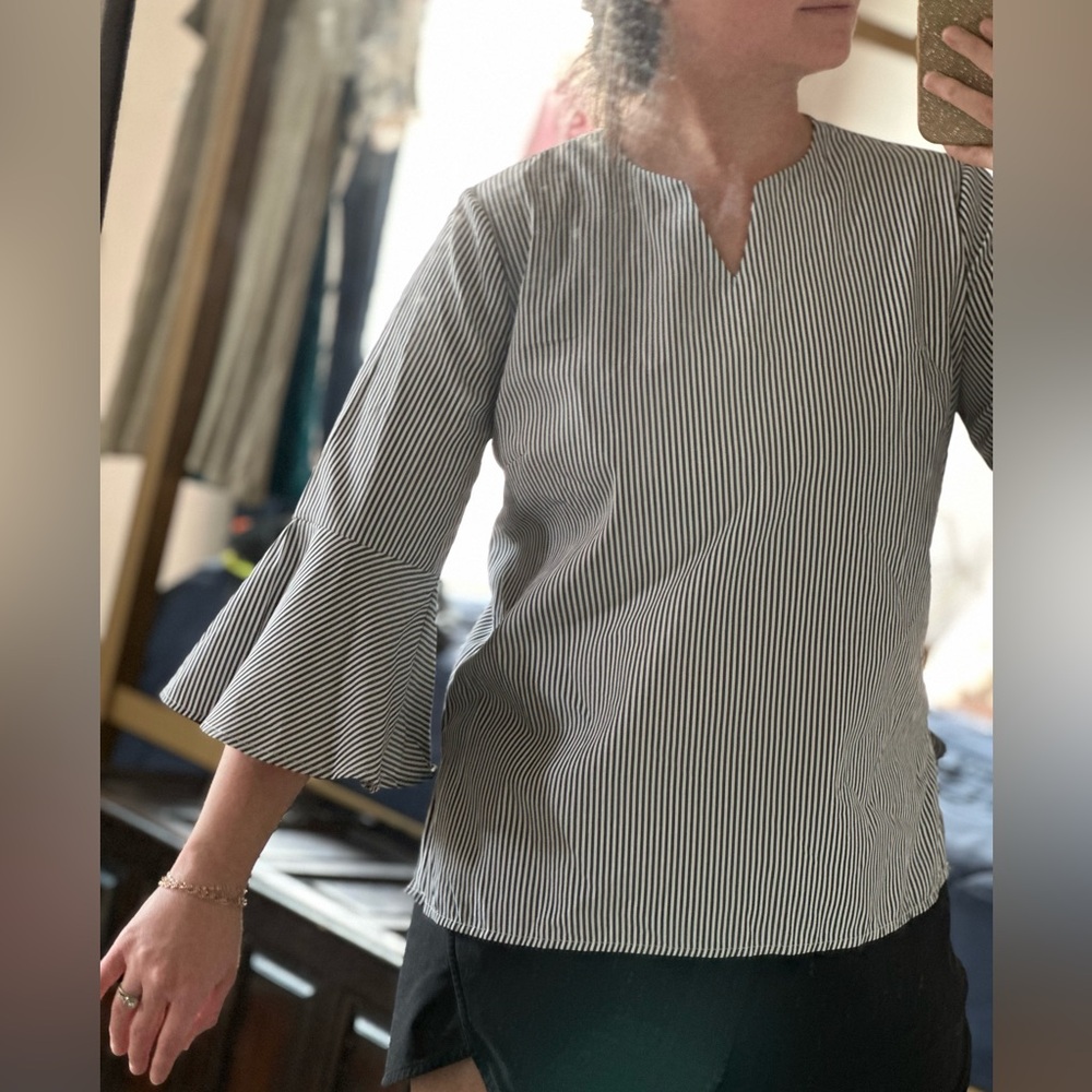 Charcoal/ Black and white tiny stripe Blouse with ruffle 3/4 length sleeve